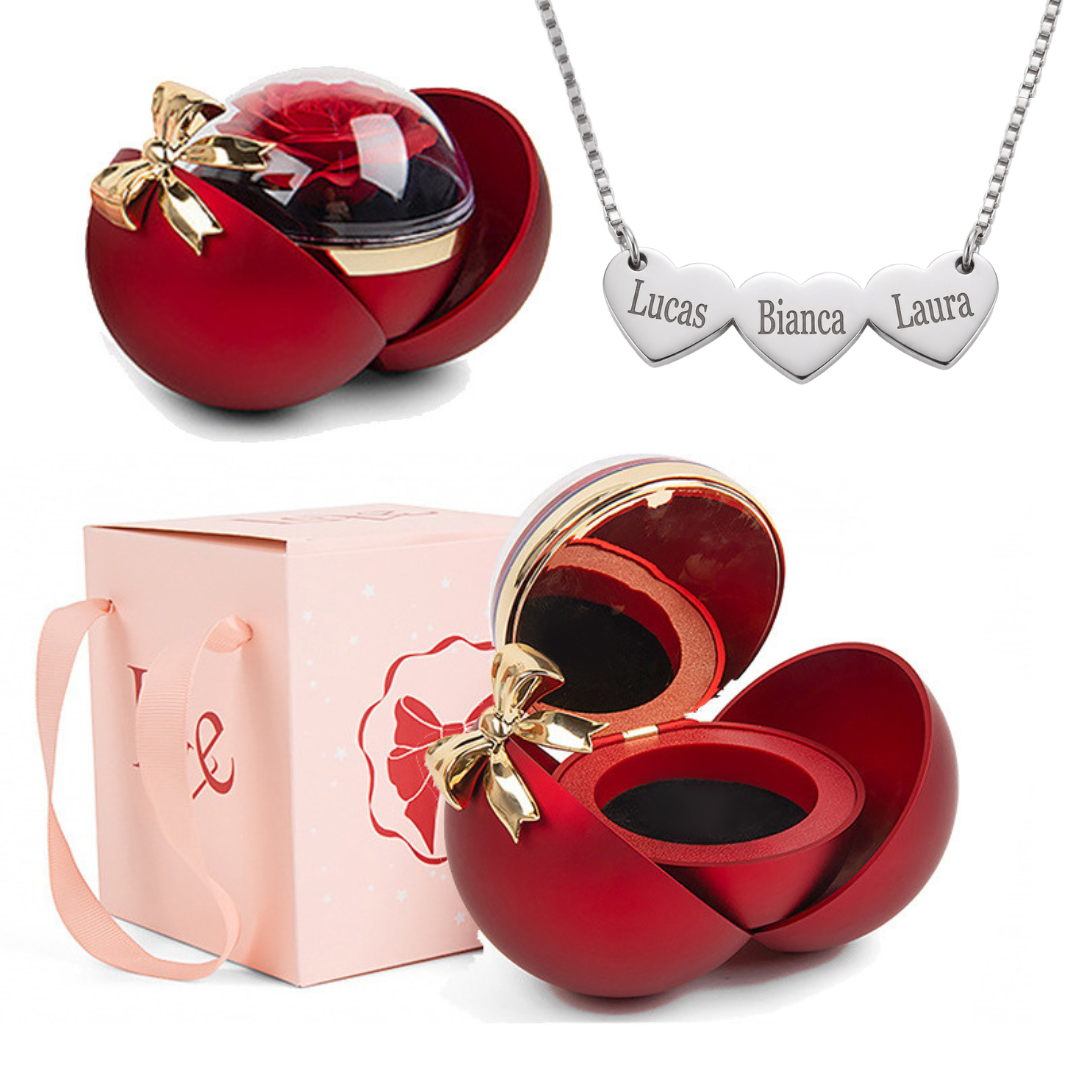 Porta-Joia Laço Eterno & Colar Corações Personalizados