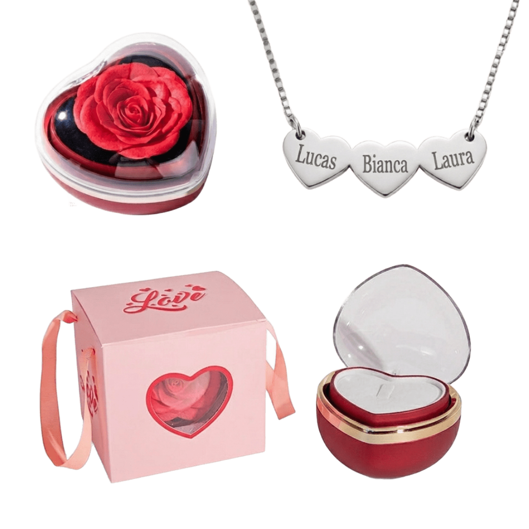 Porta-Joia Rosa Eterna & Colar Corações Personalizados