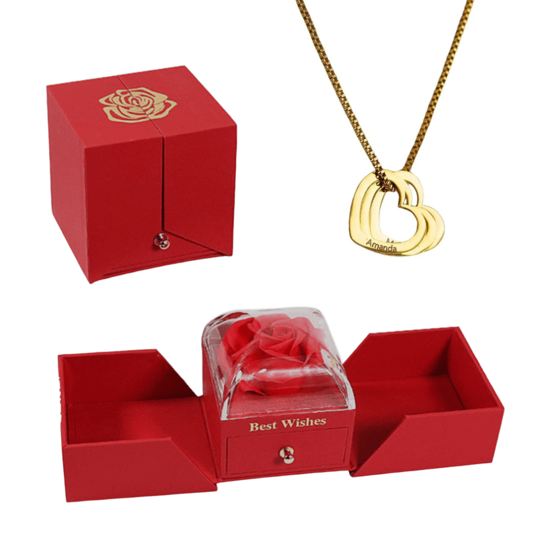 Porta-Joia Rosa Eterna & Colar Corações Personalizados